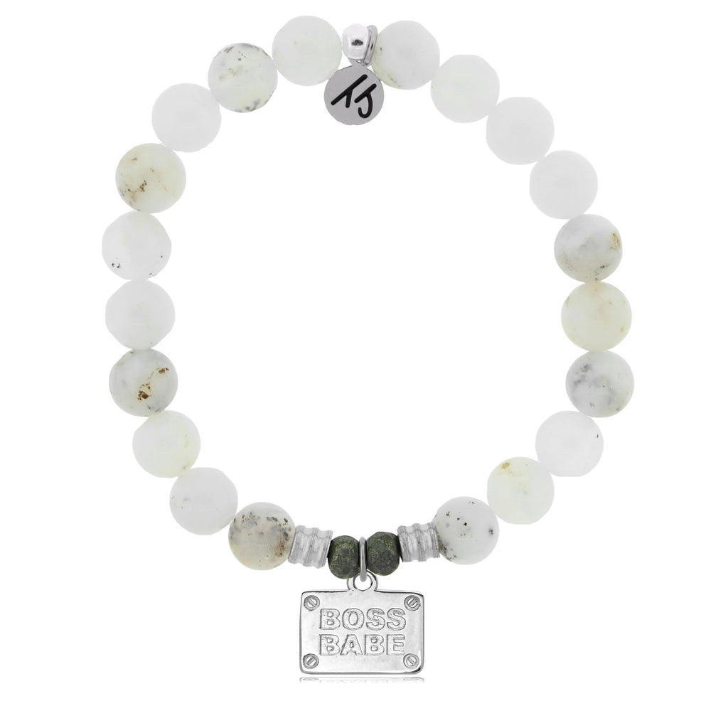 White Chalcedony Stone Bracelet with Boss Babe Sterling Silver Charm