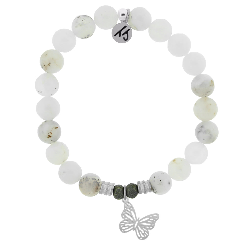 White Chalcedony Stone Bracelet with Butterfly Sterling Silver Charm