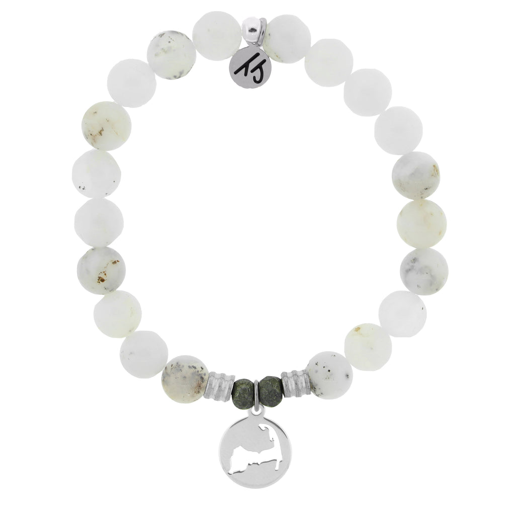 White Chalcedony Stone Bracelet with Cape Cod Cutout Sterling Silver Charm