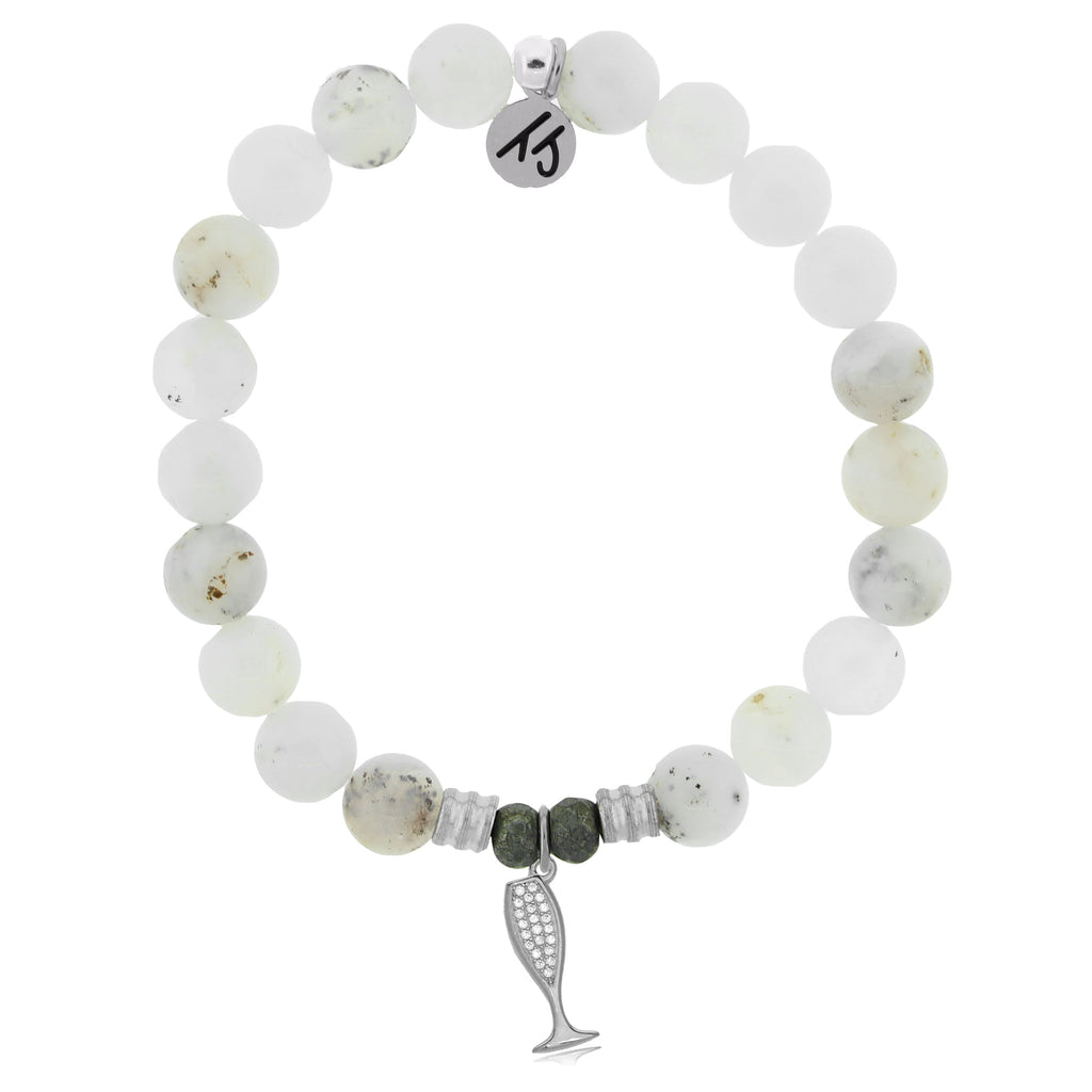 White Chalcedony Stone Bracelet with Cheers Sterling Silver Charm