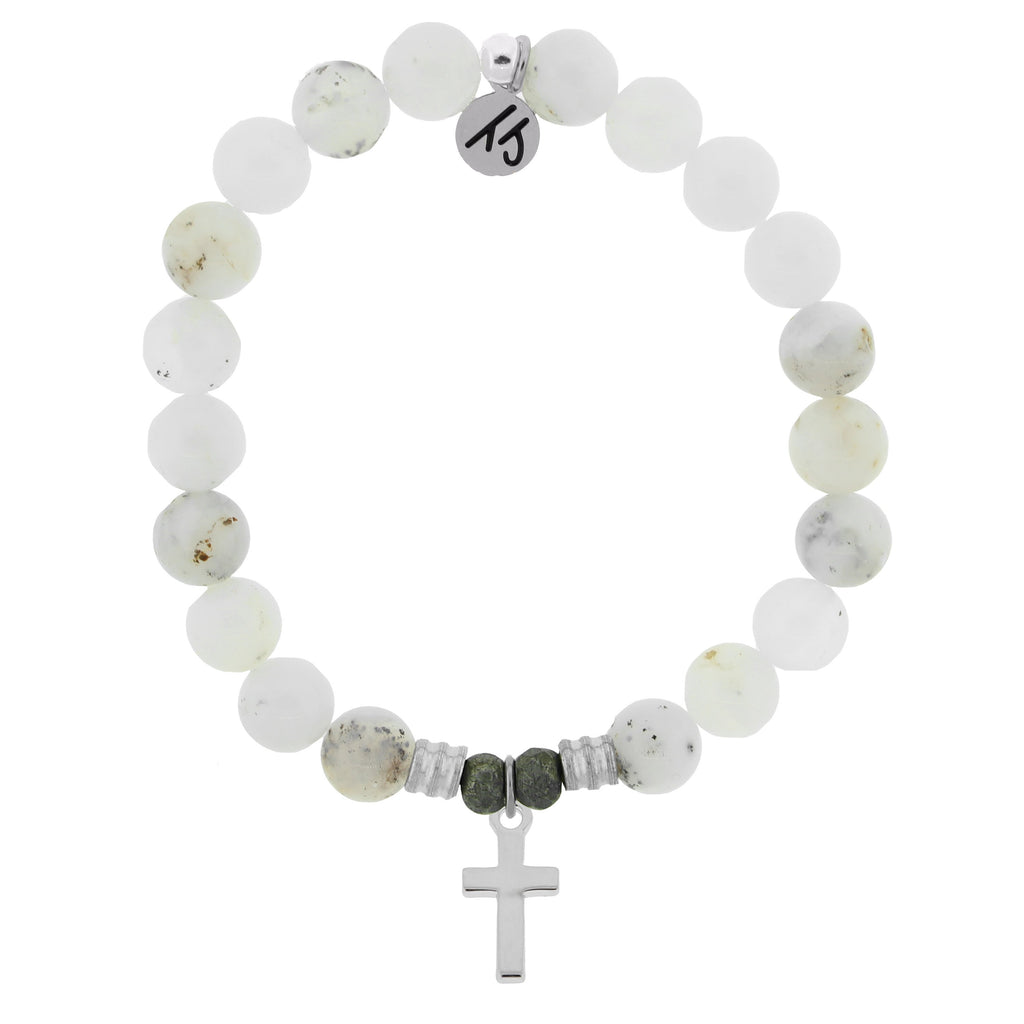 White Chalcedony Stone Bracelet with Cross Sterling Silver Charm