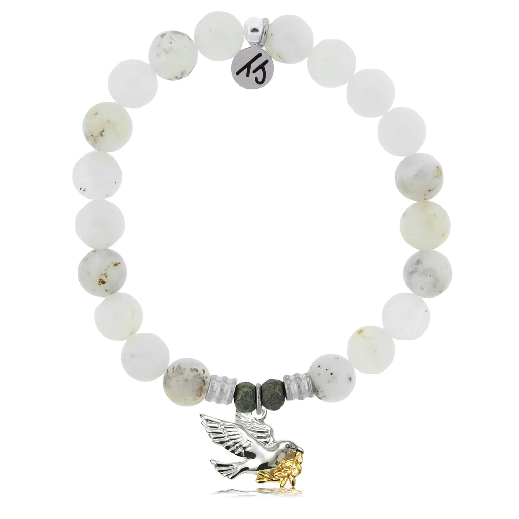 White Chalcedony Stone Bracelet with Dove Sterling Silver Charm
