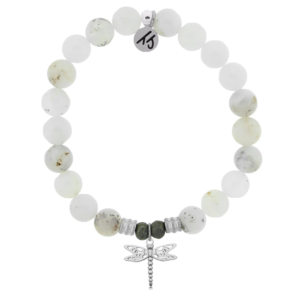 White Chalcedony Stone Bracelet with Dragonfly Sterling Silver Charm