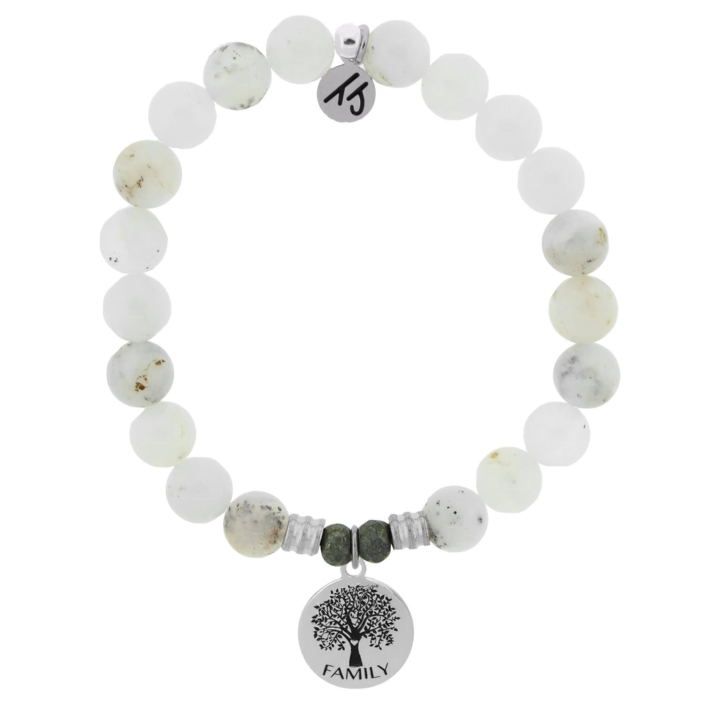 White Chalcedony Stone Bracelet with Family Tree Sterling Silver Charm