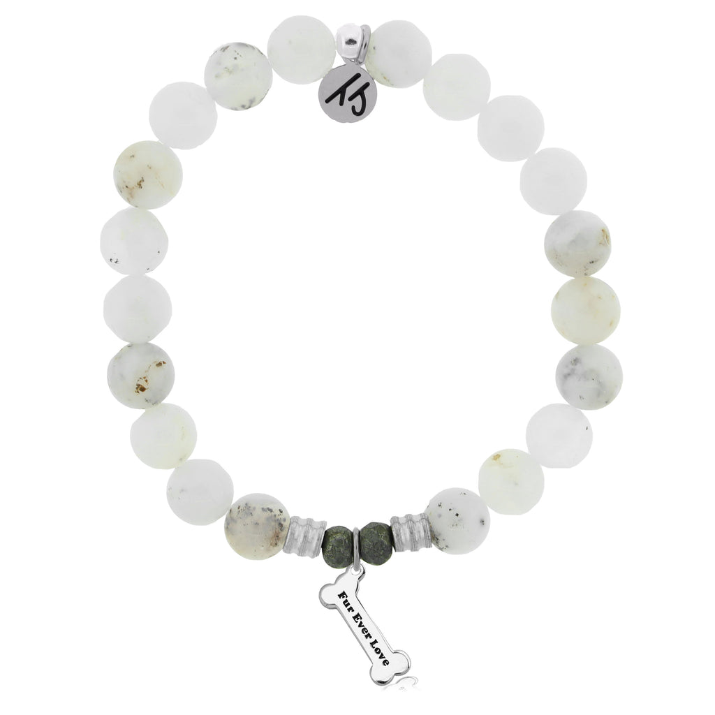 White Chalcedony Stone Bracelet with Fur Ever Love Sterling Silver Charm