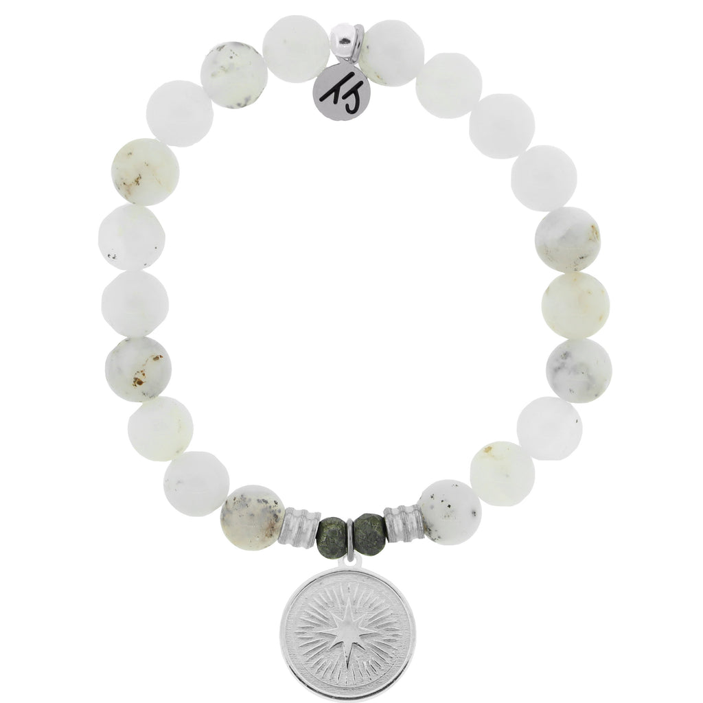 White Chalcedony Stone Bracelet with Guidance Sterling Silver Charm