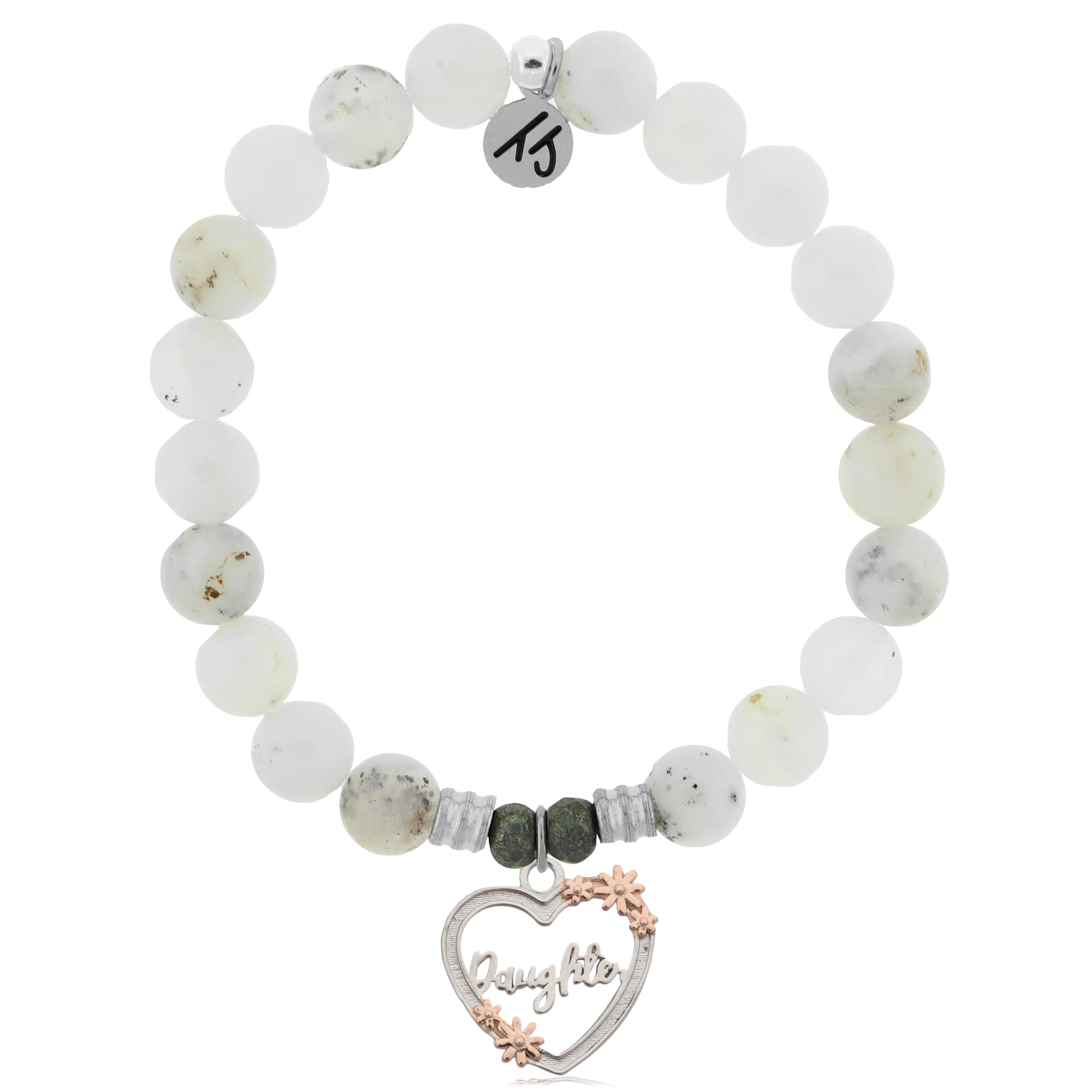 White Chalcedony Stone Bracelet with Heart Daughter Sterling Silver Charm