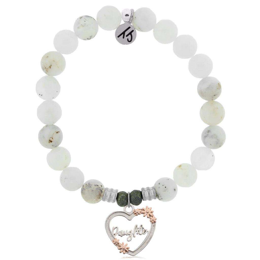 White Chalcedony Stone Bracelet with Heart Daughter Sterling Silver Charm