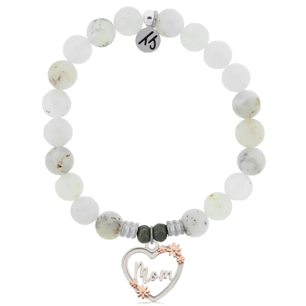 White Chalcedony Stone Bracelet with Heart Mom Sterling Silver Charm