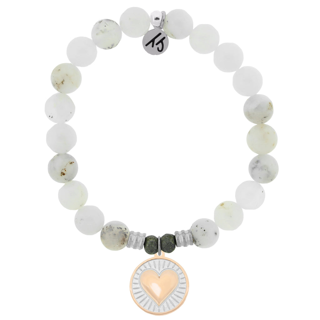 White Chalcedony Stone Bracelet with Heart of Gold Sterling Silver Charm