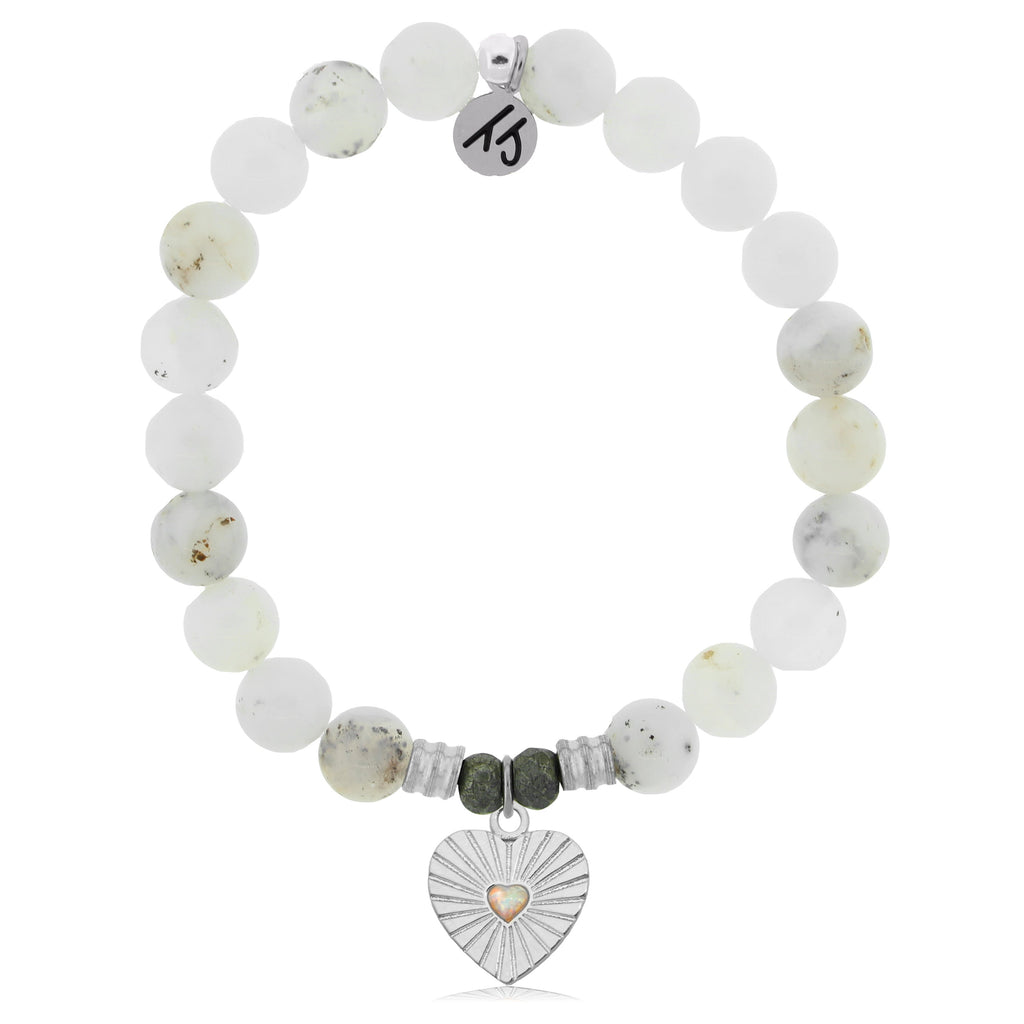 White Chalcedony Stone Bracelet with Heart Sterling Silver Charm