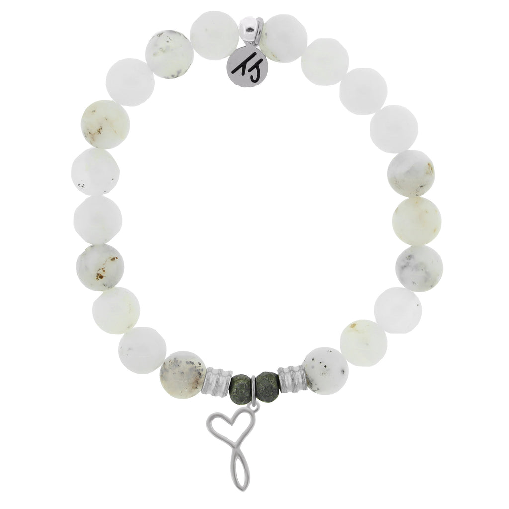 White Chalcedony Stone Bracelet with Infinity Heart Sterling Silver Charm