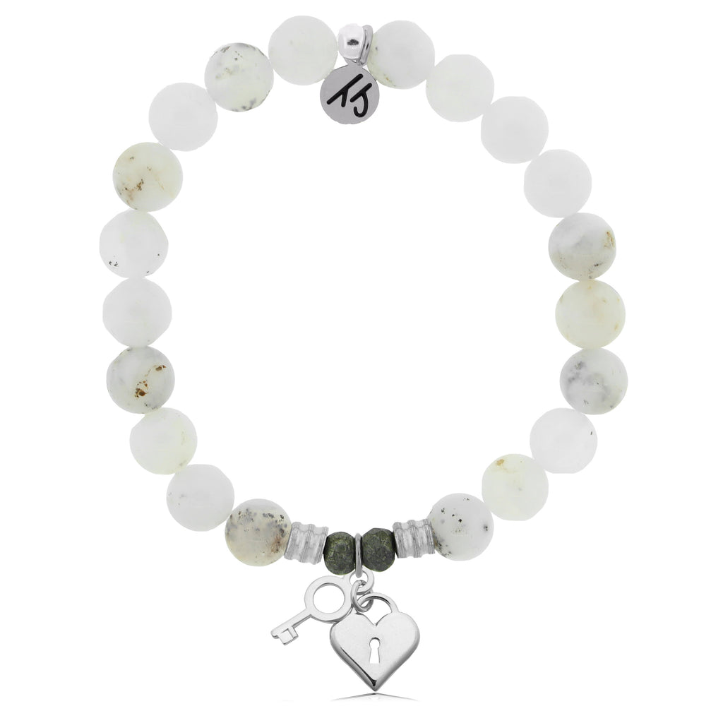 White Chalcedony Stone Bracelet with Key to my Heart Sterling Silver Charm