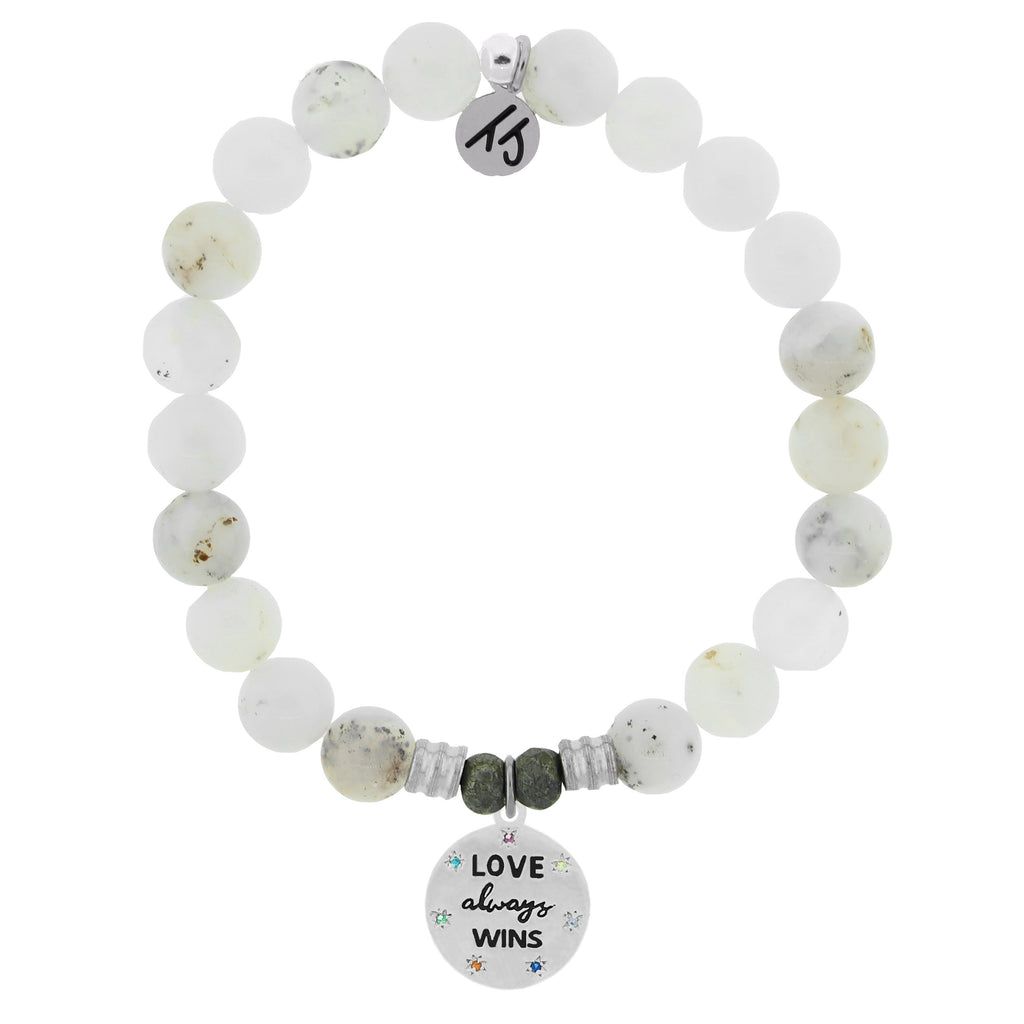White Chalcedony Stone Bracelet with Love Always Wins Sterling Silver Charm