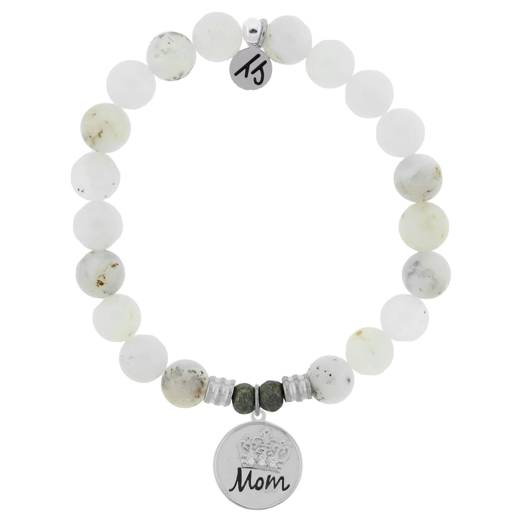 White Chalcedony Stone Bracelet with Mom Crown Sterling Silver Charm