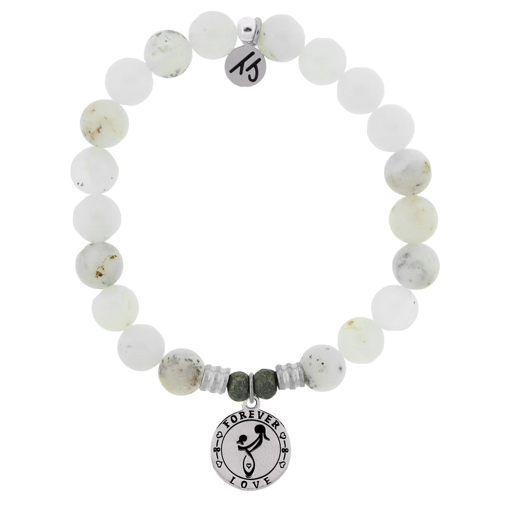 White Chalcedony Stone Bracelet with Mother's Love Sterling Silver Charm