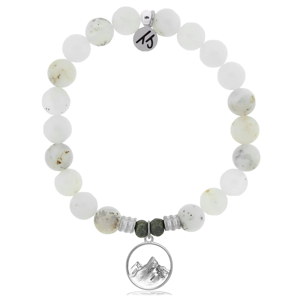 White Chalcedony Stone Bracelet with Mountain Cutout Sterling Silver Charm