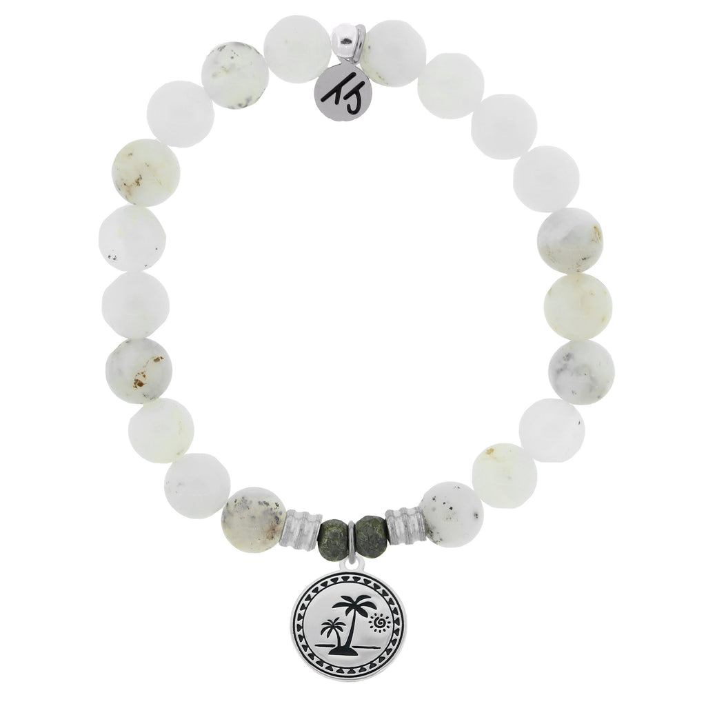 White Chalcedony Stone Bracelet with Palm Tree Sterling Silver Charm