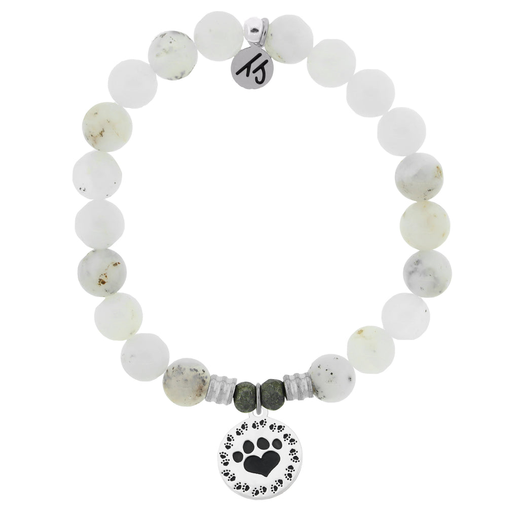 White Chalcedony Stone Bracelet with Paw Print Sterling Silver Charm