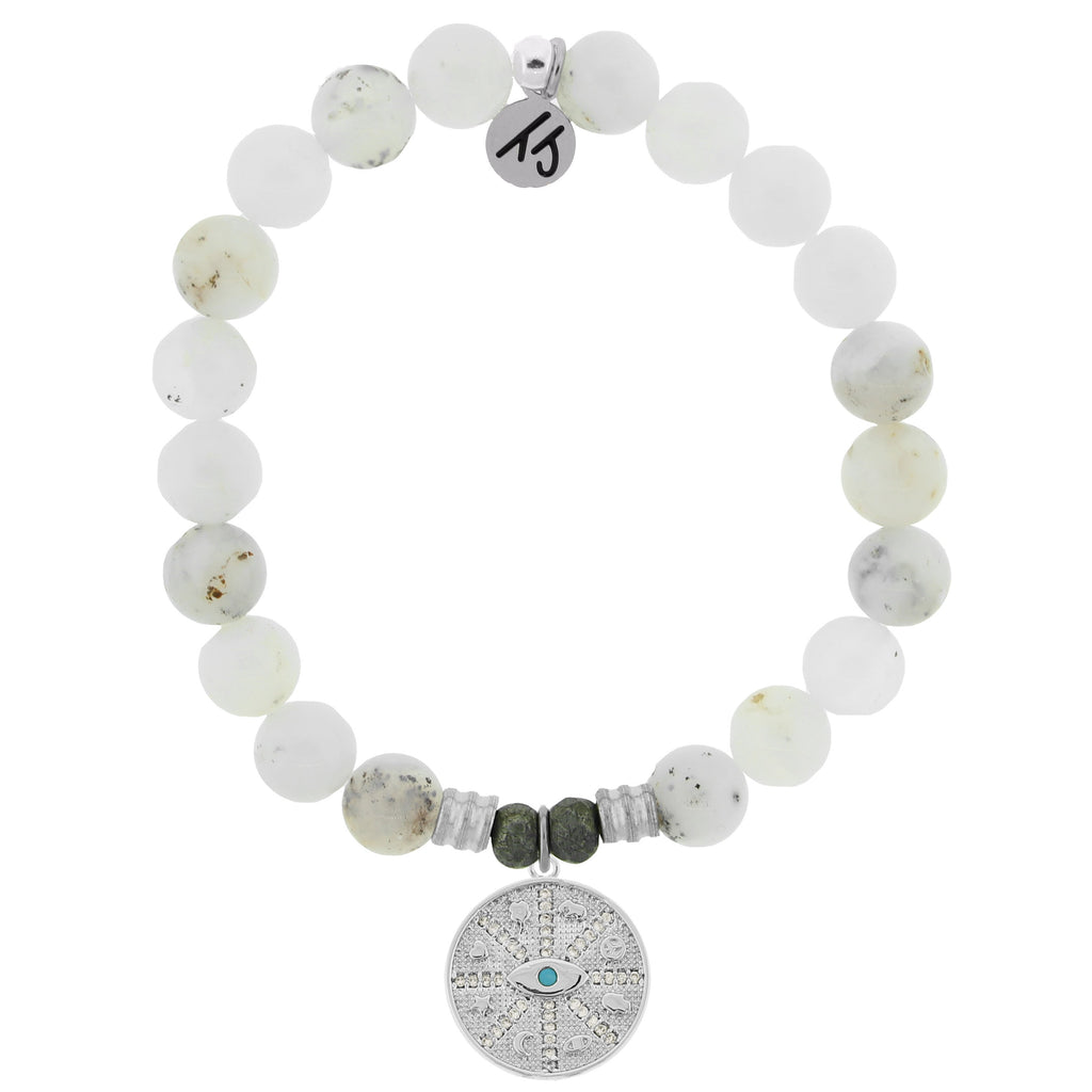 White Chalcedony Stone Bracelet with Protection Sterling Silver Charm