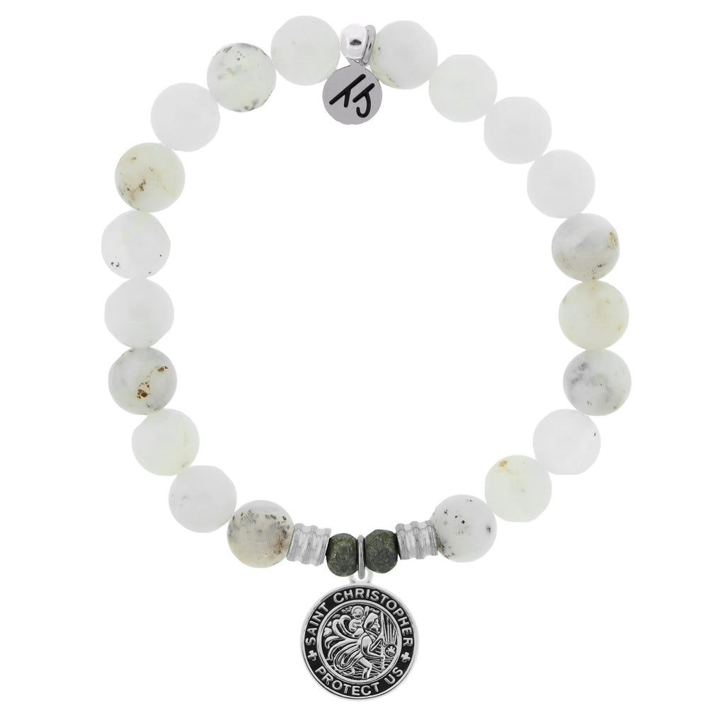 White Chalcedony Stone Bracelet with Saint Christopher Sterling Silver Charm