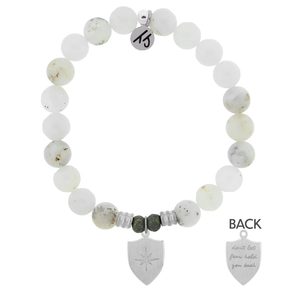 White Chalcedony Stone Bracelet with Shield Of Strength Sterling Silver Charm