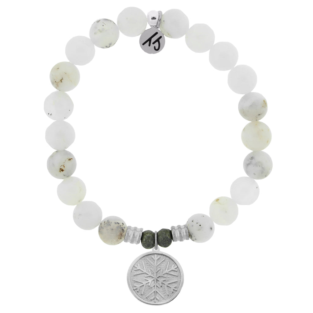 White Chalcedony Stone Bracelet with Snowflake Sterling Silver Charm