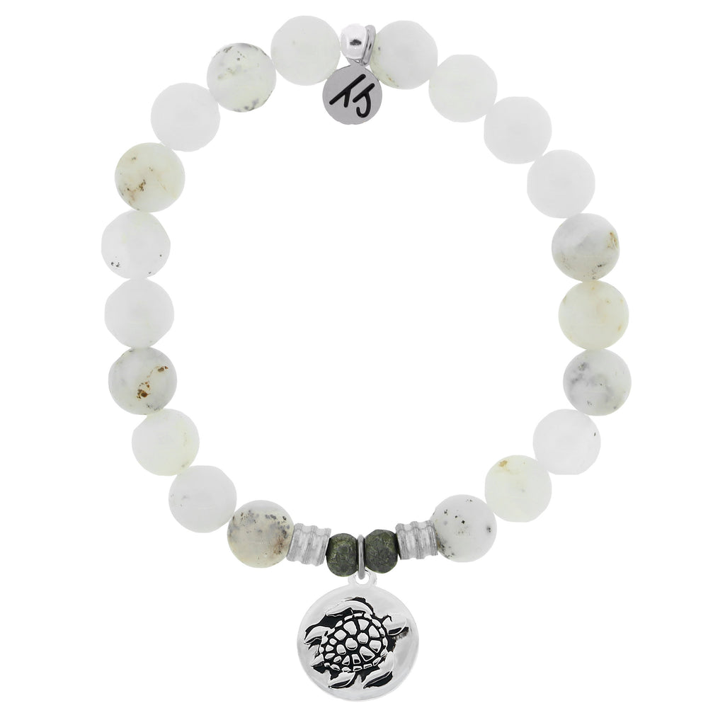 White Chalcedony Stone Bracelet with Turtle Sterling Silver Charm