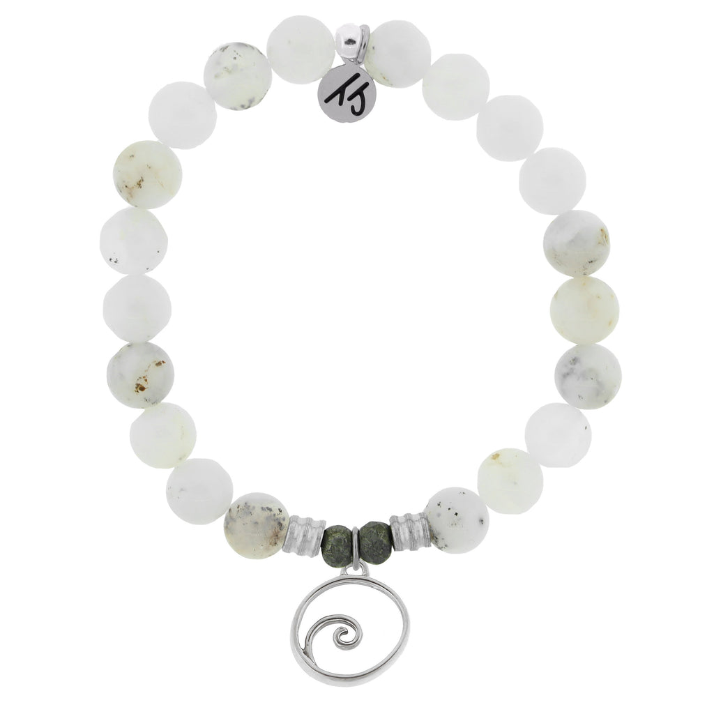White Chalcedony Stone Bracelet with Wave Sterling Silver Charm