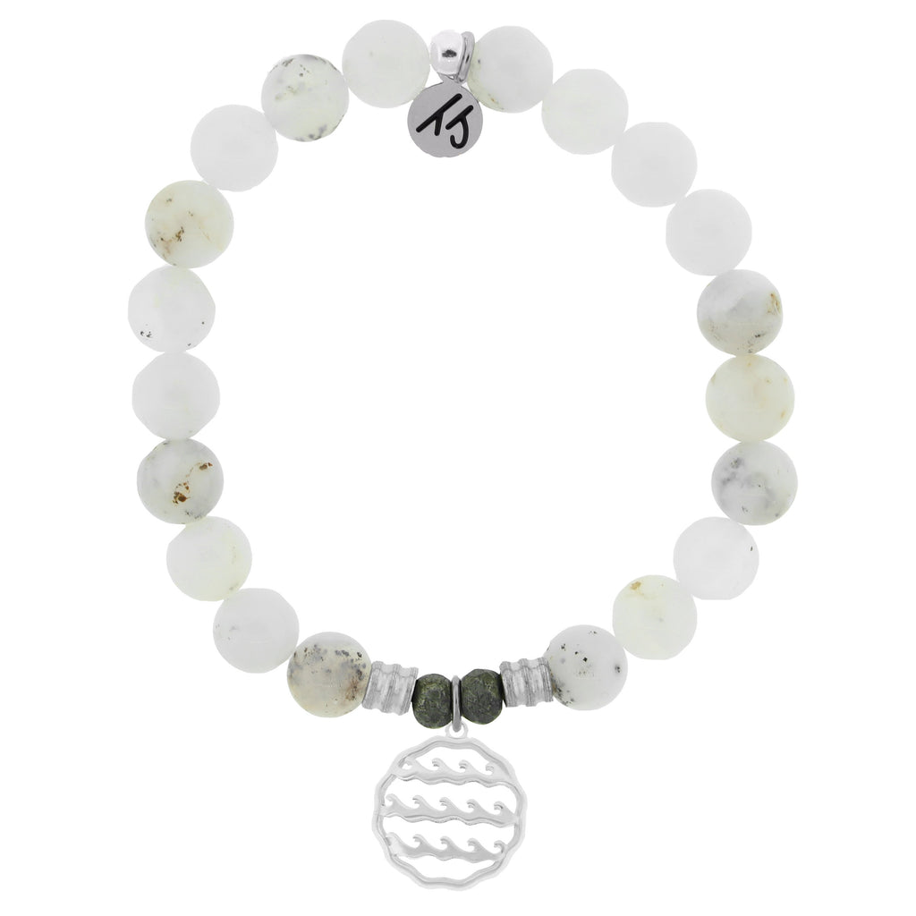 White Chalcedony Stone Bracelet with Waves of Life Sterling Silver Charm