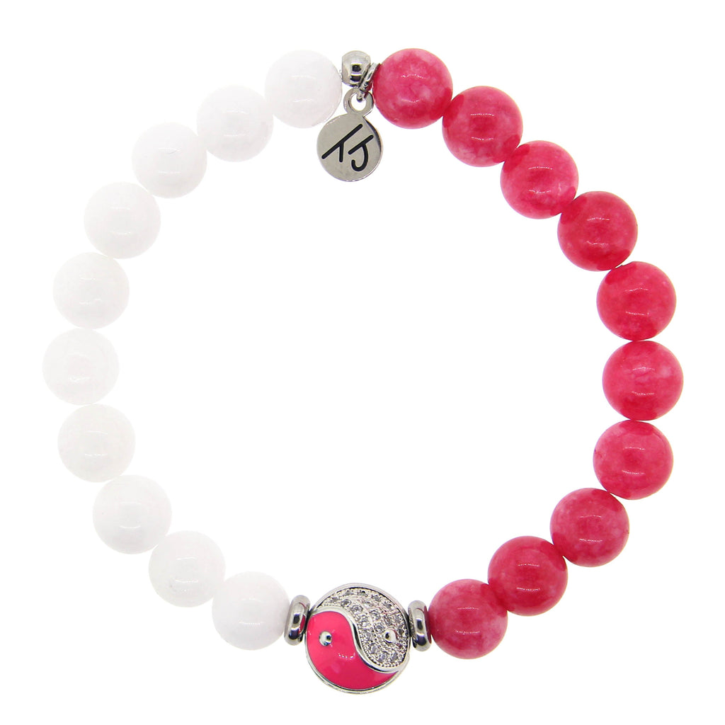 Yin-Yang Balance Bracelet with White Jade and Rose Pink Jade Gemstone Bracelet